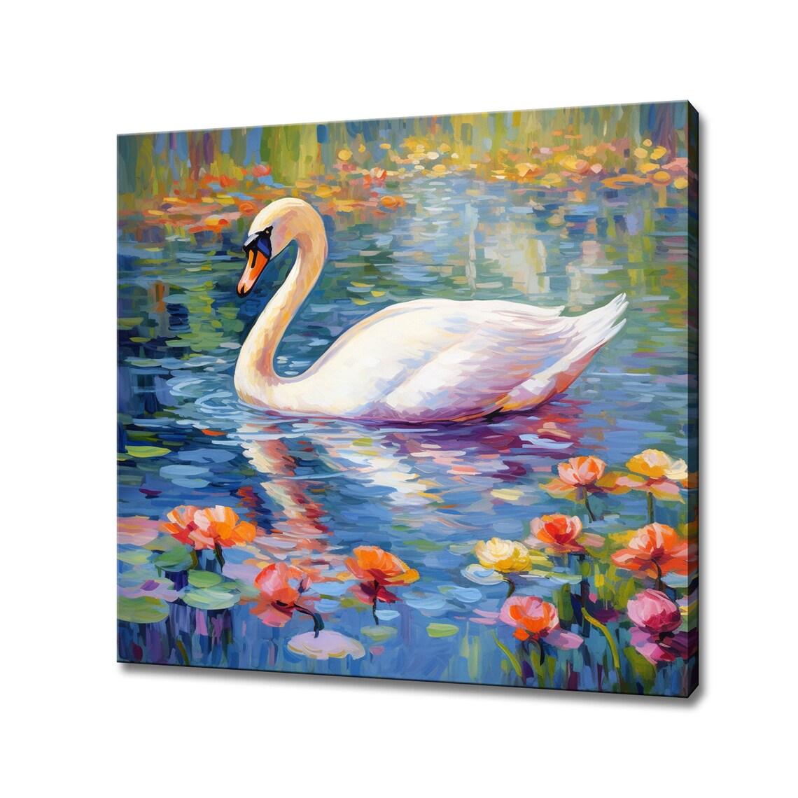 White Swan Swimming Among Water Lilies Impressionist Art Poster