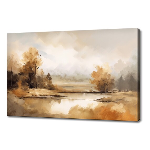 Trees By The River Landscape Vintage Painting Style Print Farmhouse Decor Art Neutral Nature Picture Wall Hanging Fine Art Print