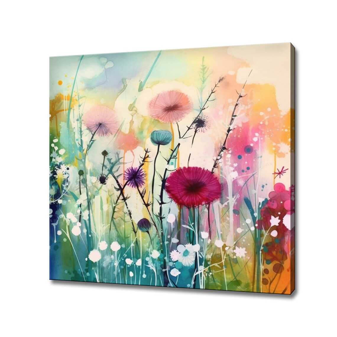 Red Daisy Thistle Blooms Pastel Watercolor Wash Wildflower Art Poster