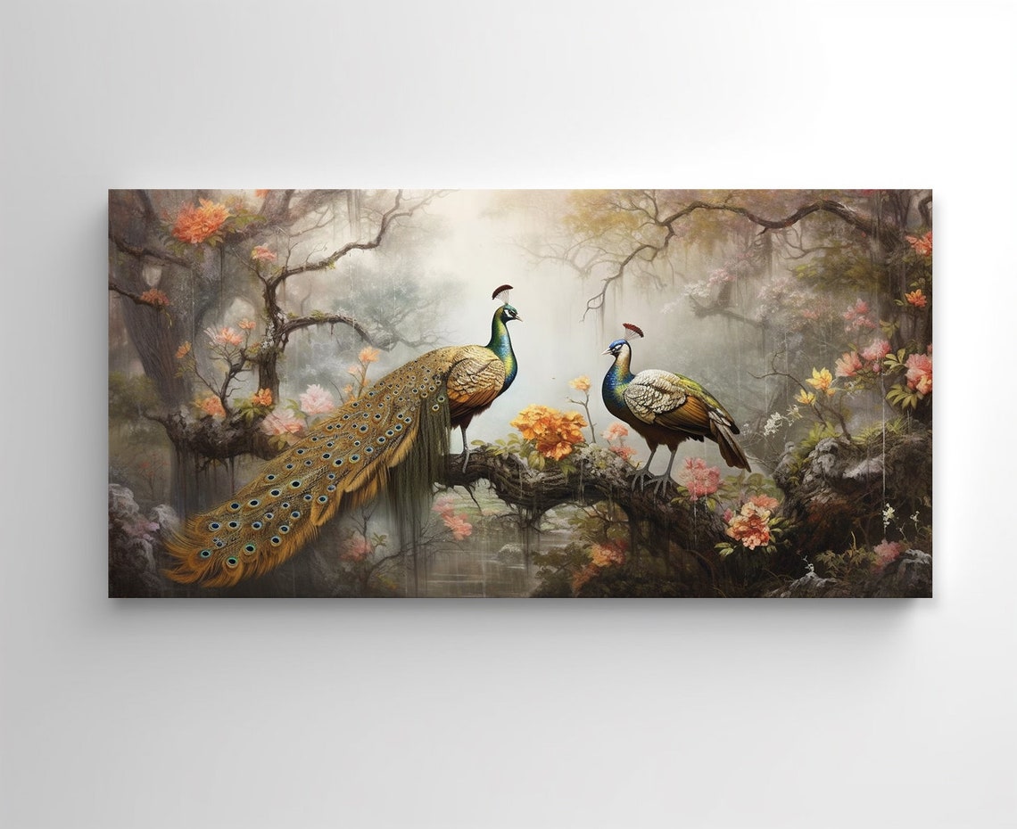 Two Peacocks Branch Misty Flowering Forest Soft Painterly Birds Poster