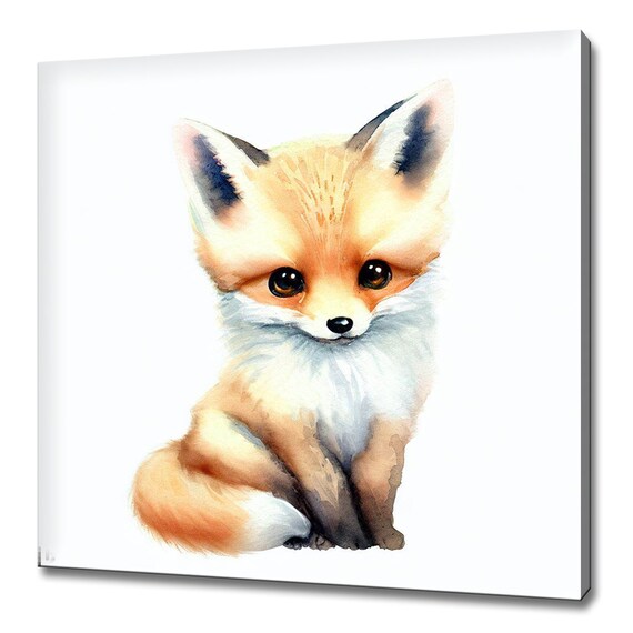 Cute Baby Red Fox Kit Watercolor White Background Nursery Wall Art