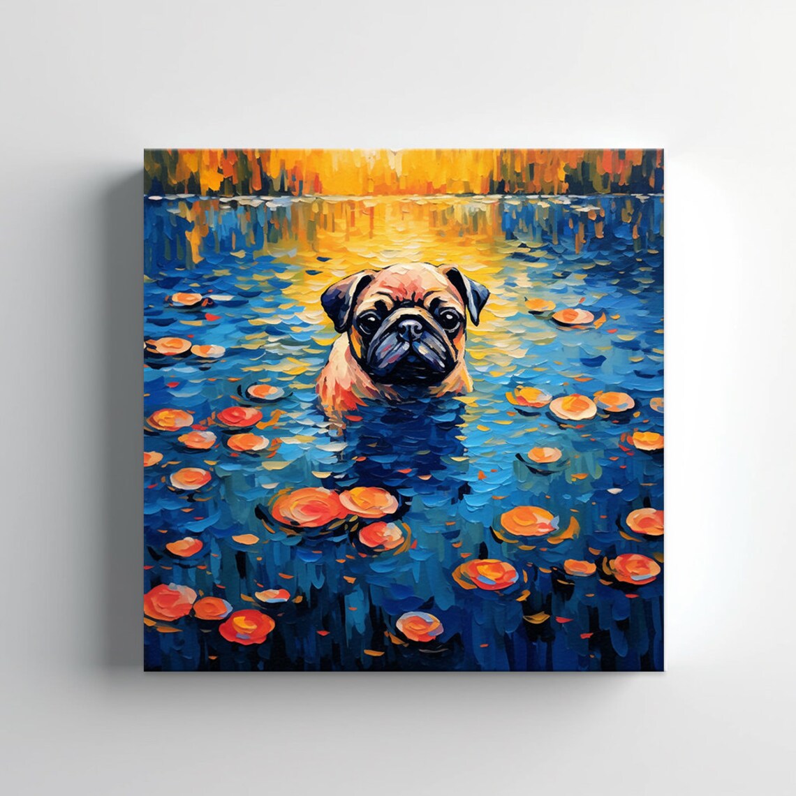 Pug Dog Swimming Among Lily Pads Golden Sunset Oil Painting Poster - Image 4