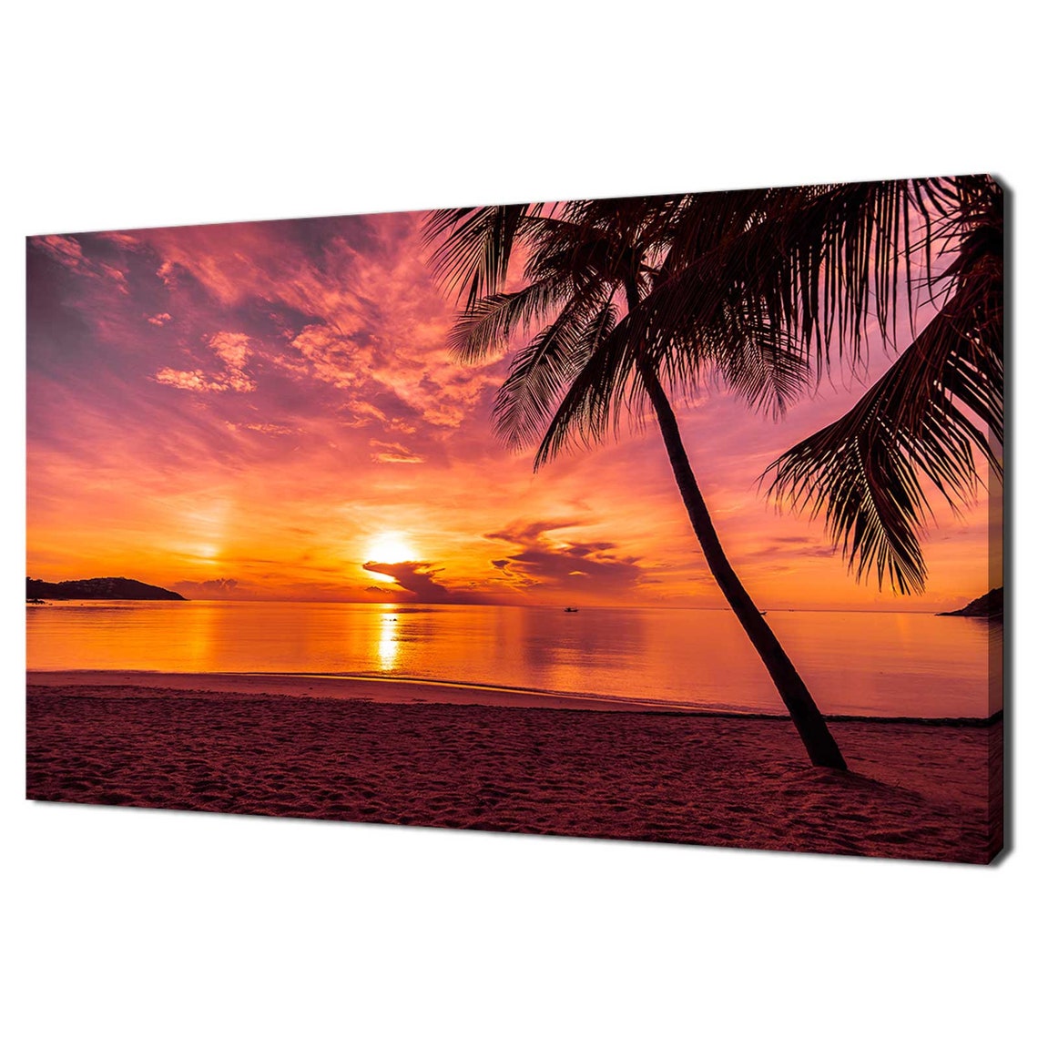 Tropical Beach Palm Tree Silhouette Pink Sunset Ocean Travel Poster