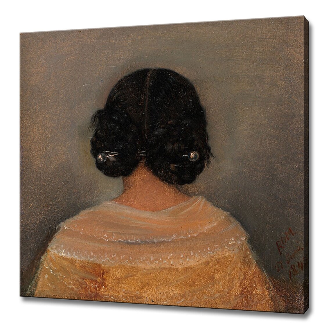 Woman Seen From Behind Pearl Hairpins White Lace Shawl Vintage Portrait Print
