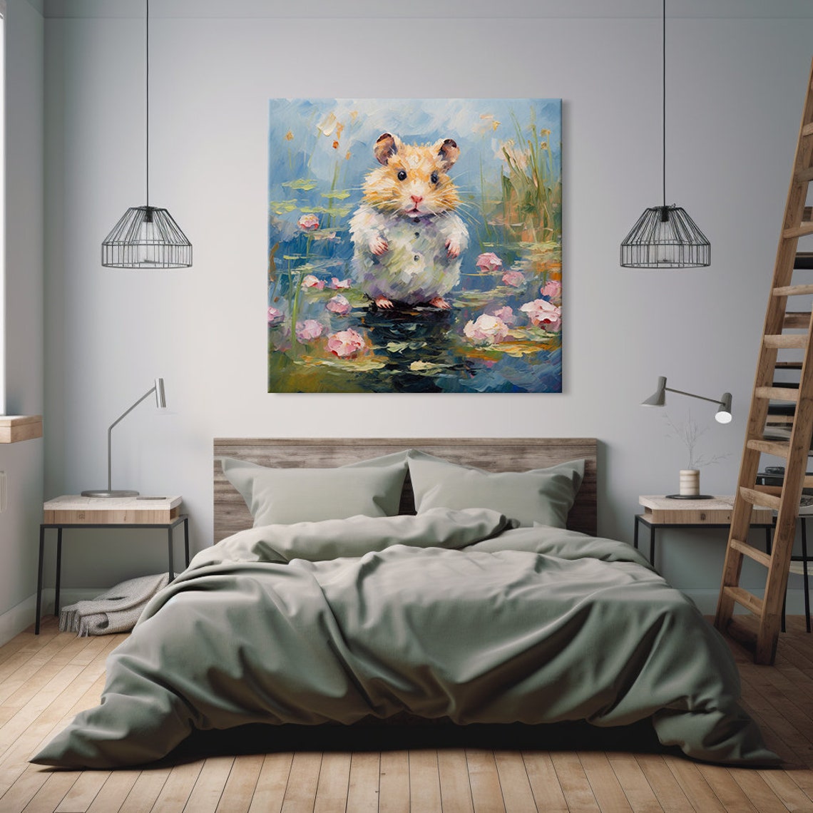 Cute Hamster Water Lily Pond Impressionist Kids Animal Art Print - Image 2