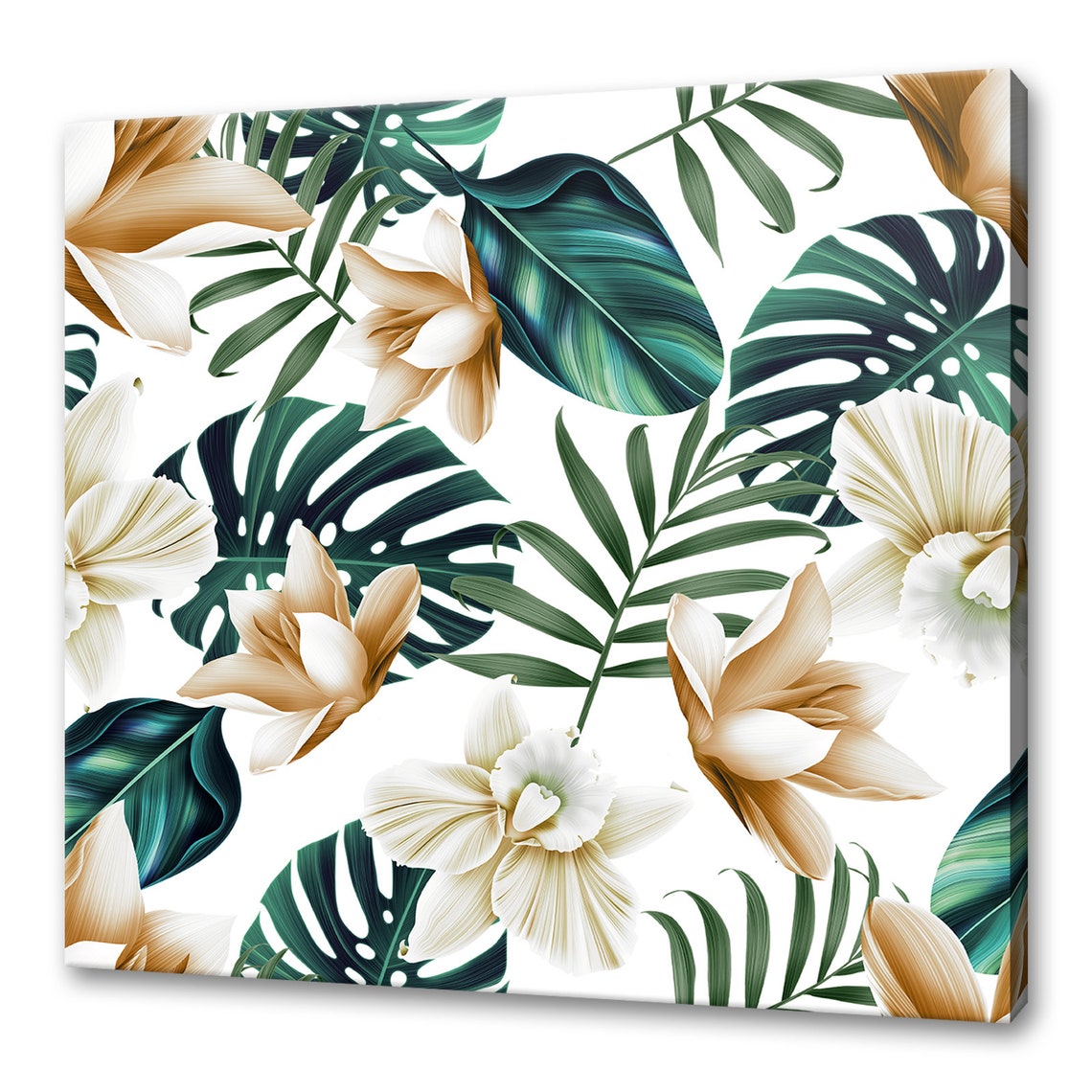 Tropical Cream Flowers Monstera Palm Leaves Pattern Botanical Poster
