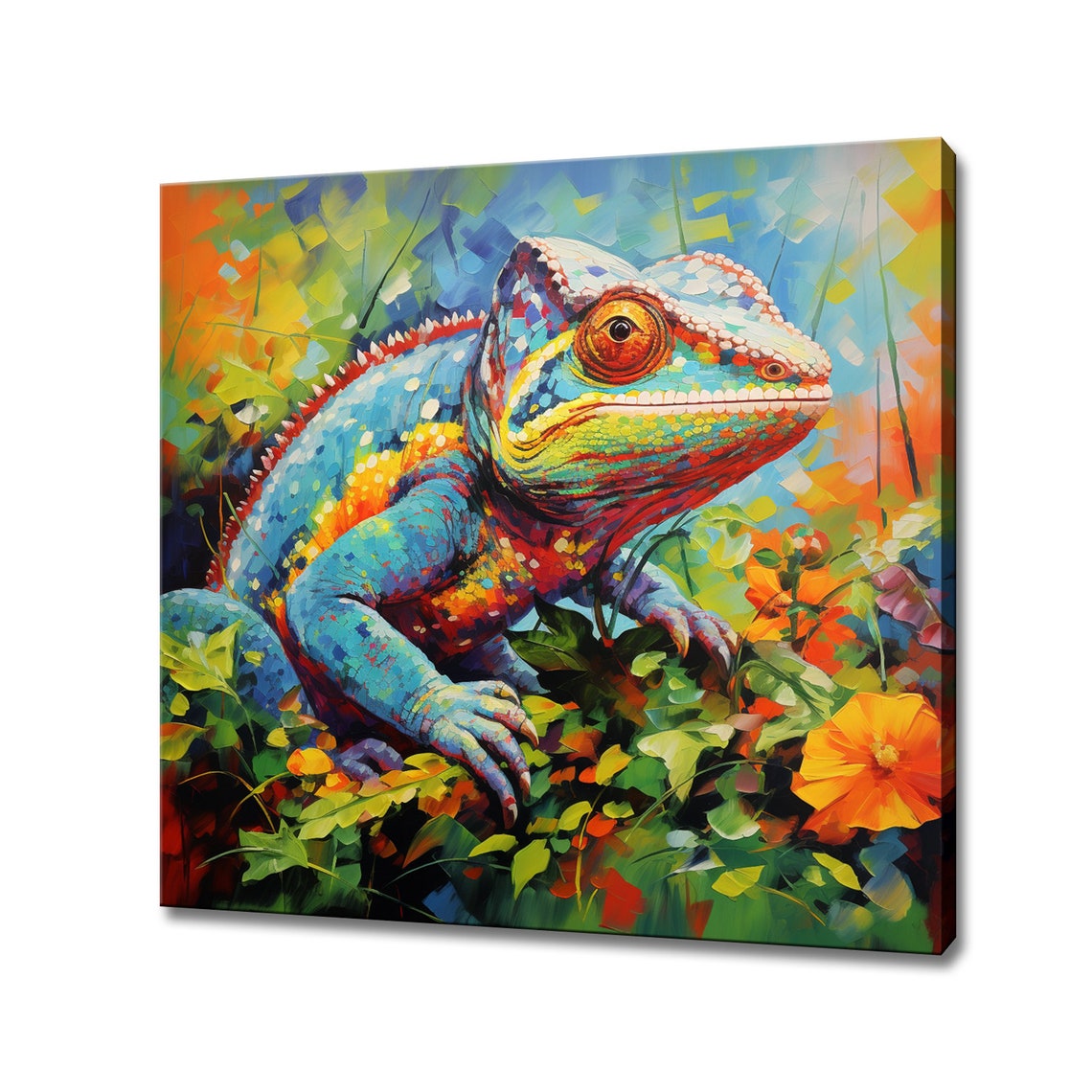 Colorful Chameleon Lizard Among Flowers Vivid Reptile Art Poster