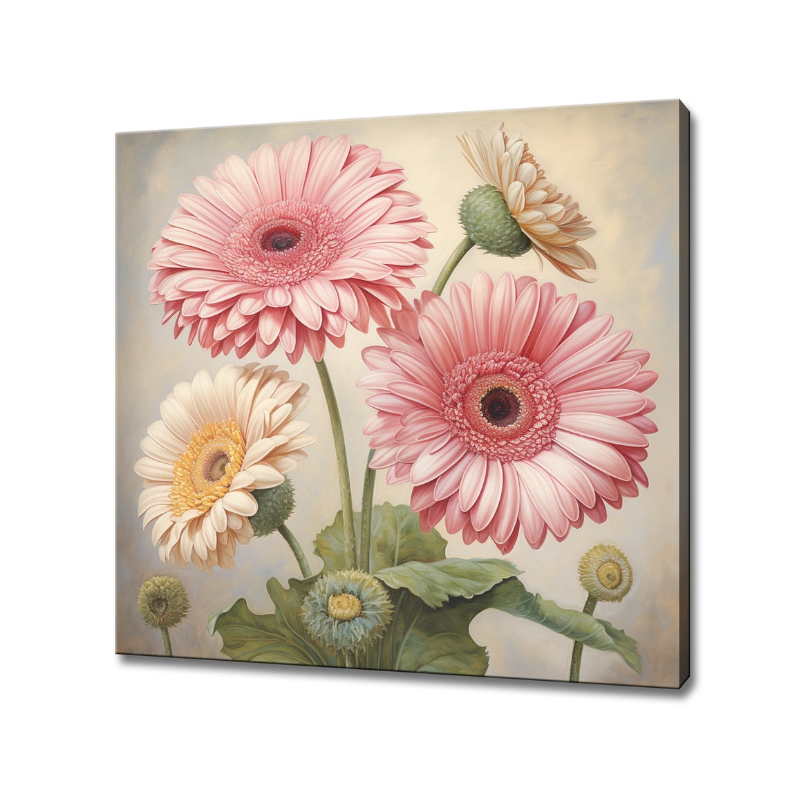 Pink Gerbera Daisies Vintage Botanical Floral Trio Wall Art Poster