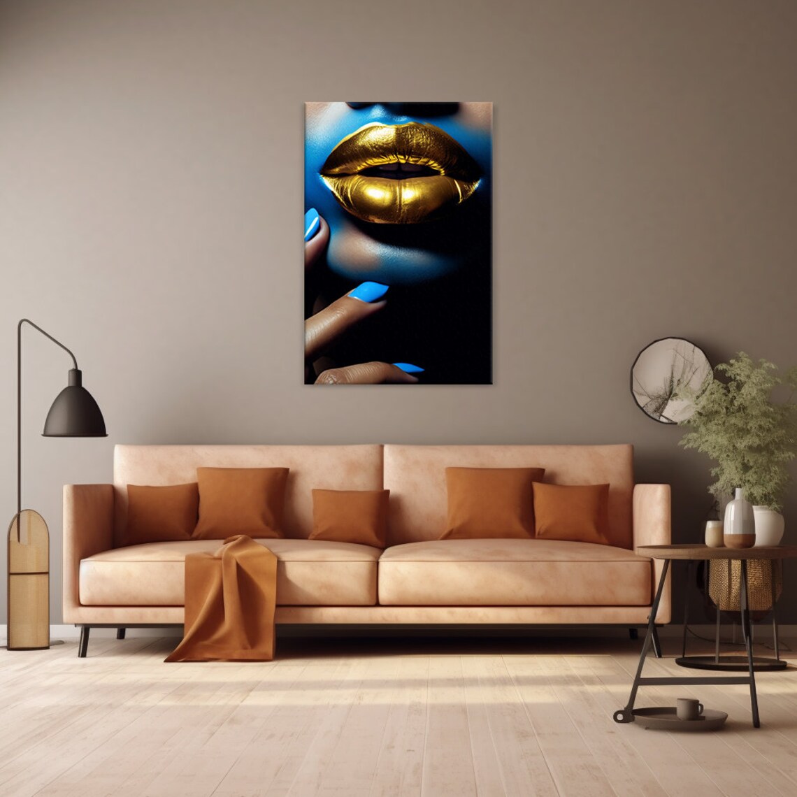 Shimmering Gold Lips on Dark Blue Beauty Portrait Fashion Art Poster - Image 4