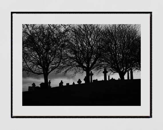 Glasgow Necropolis Graveyard Silhouette Black and White Photography Poster