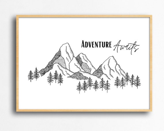 Adventure Awaits Quote Mountain Trees Line Art Minimal Boho Nature Travel Explore Wanderlust Print Ink Pencil Sketch