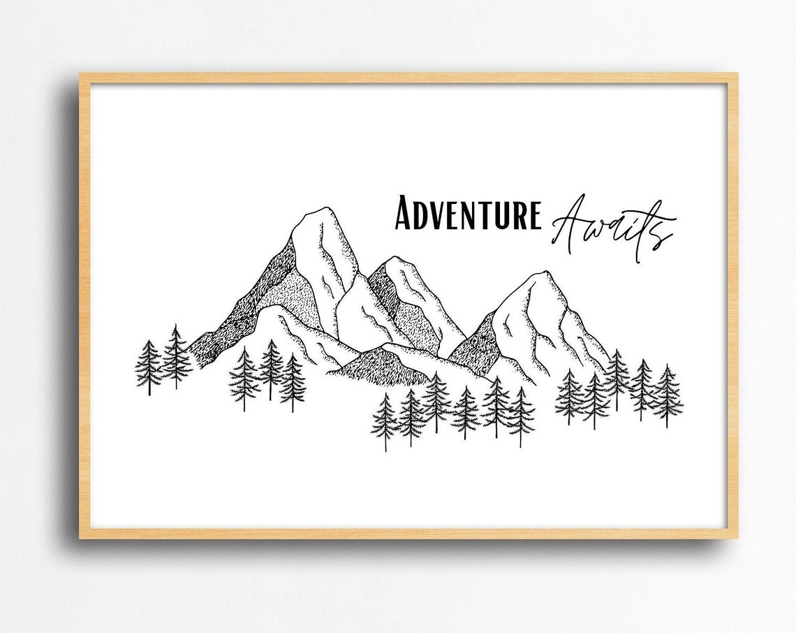 Adventure Awaits Mountain Line Art Hiking Decor Wall Decor Poster
