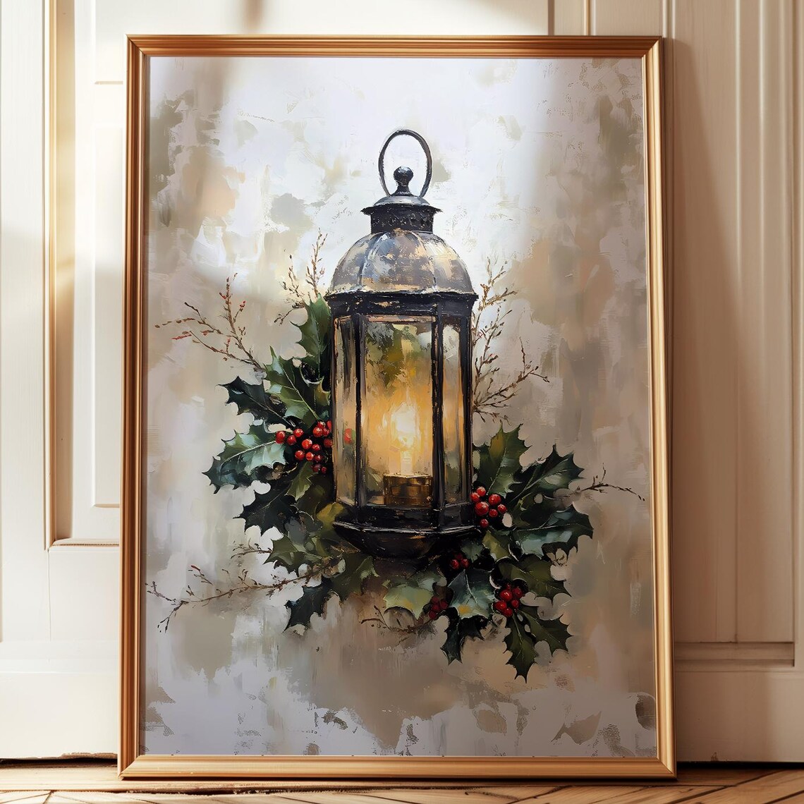 Vintage Christmas Lantern Holly Berries Candle Glow Wall Art