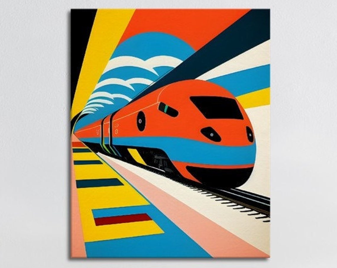 Retro High Speed Train Bold Geometric Colorful Travel Art Poster