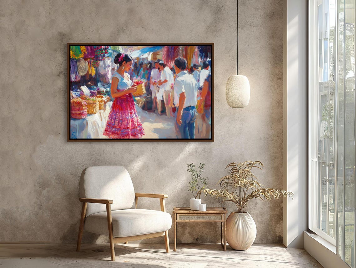 Mexican Woman In Market Print Colorful Mexican Market Art Cultural Wall Decor Traditional Mexican Painting Ready To Hang - Image 4