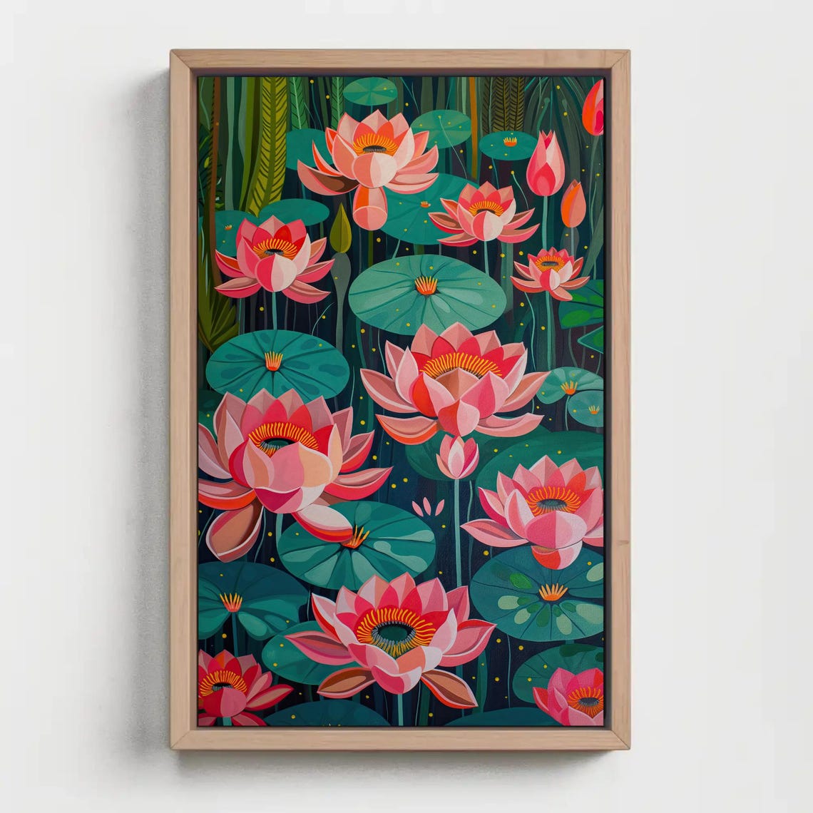 Pink Lotus Flowers On Dark Pond Lily Pads Watercolor Botanical Poster - Image 5