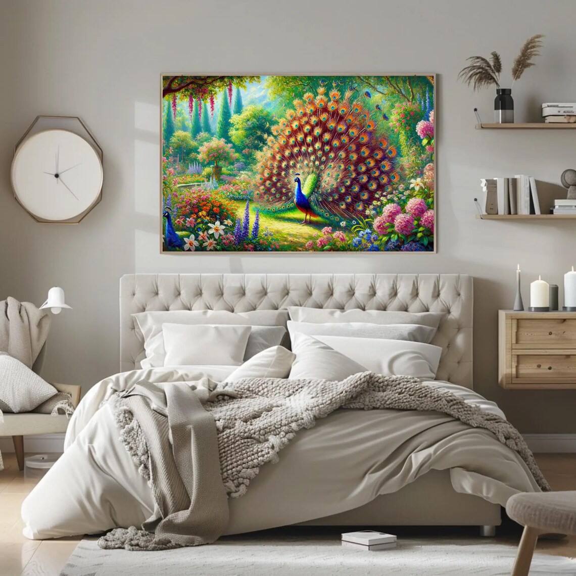 Majestic Peacock With Fanned Tail In Blooming Flower Garden Poster - Image 2