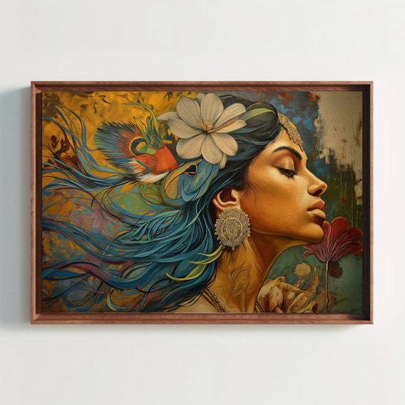 Indian Painting Abstract Woman Colourful Indian Wall Decor Framed Print Traditional Indian Painting Ready To Hang