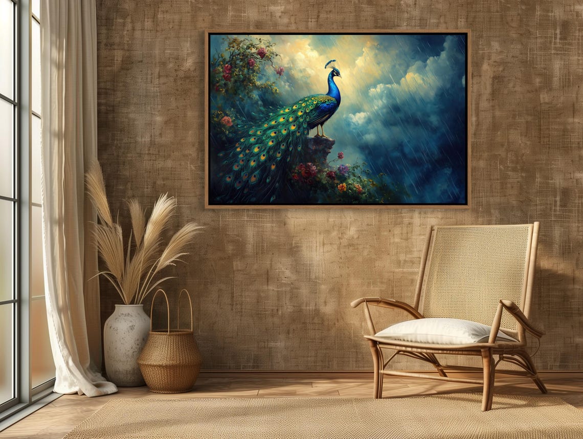 Stunning Peacock In Dramatic Monsoon Rain On A Rocky Perch Poster - Image 3