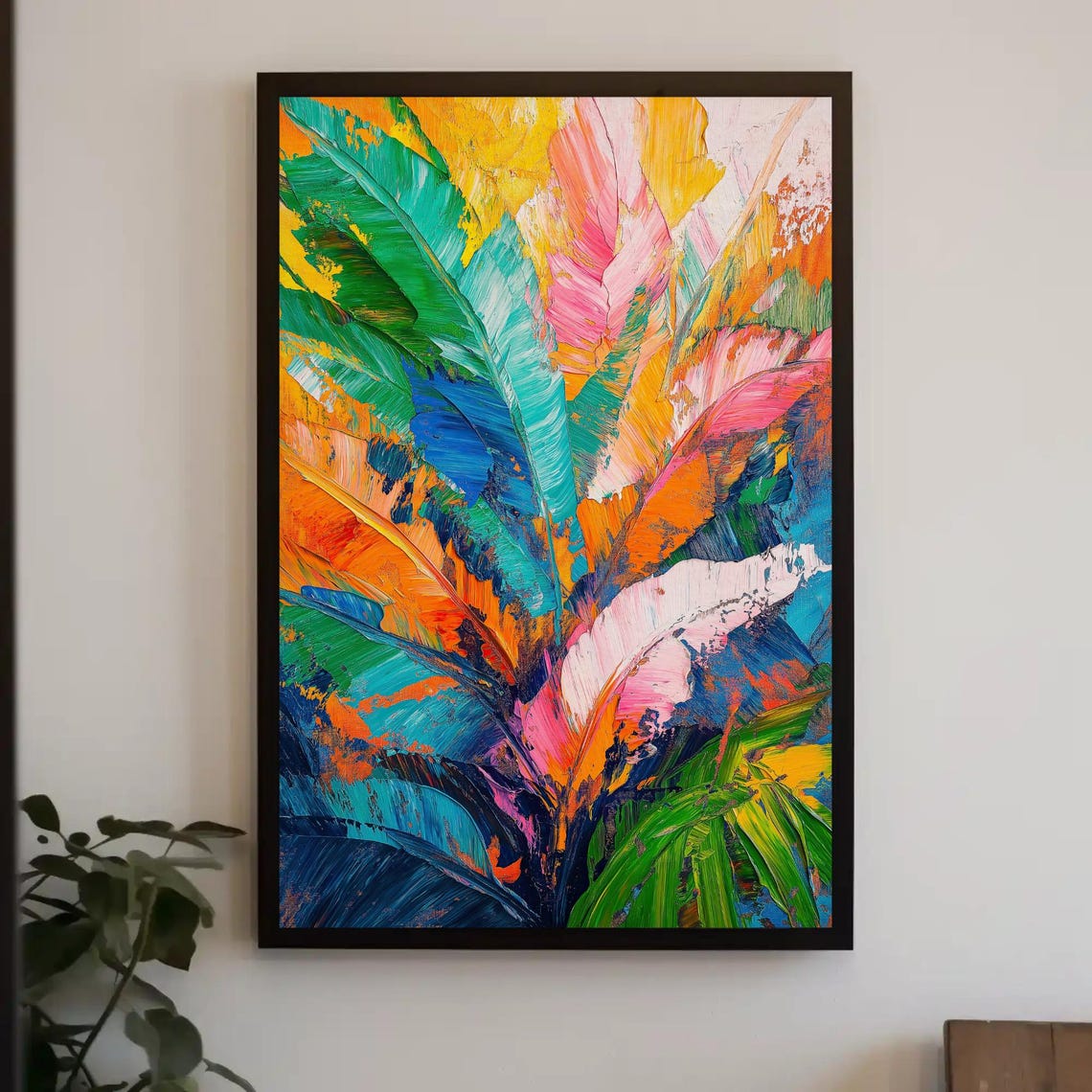 Vibrant Tropical Banana Leaves Thick Palette Knife Painting Poster