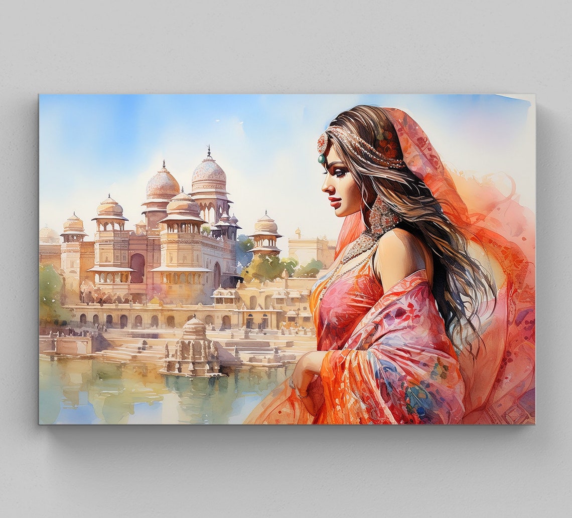Indian Beauty by Palace Lake in Flowing Sari Watercolor Poster