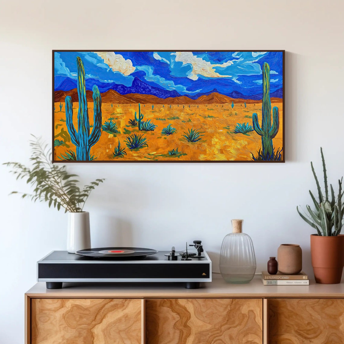 Golden Desert Cactus Field Blue Mountain Impasto Landscape Poster - Image 4