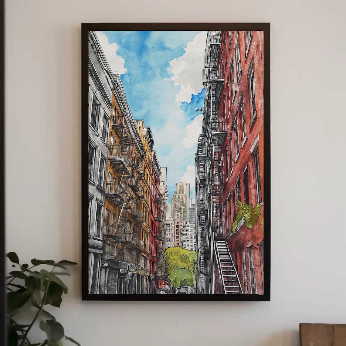 New York Street with Fire Escapes Watercolor City Travel Poster