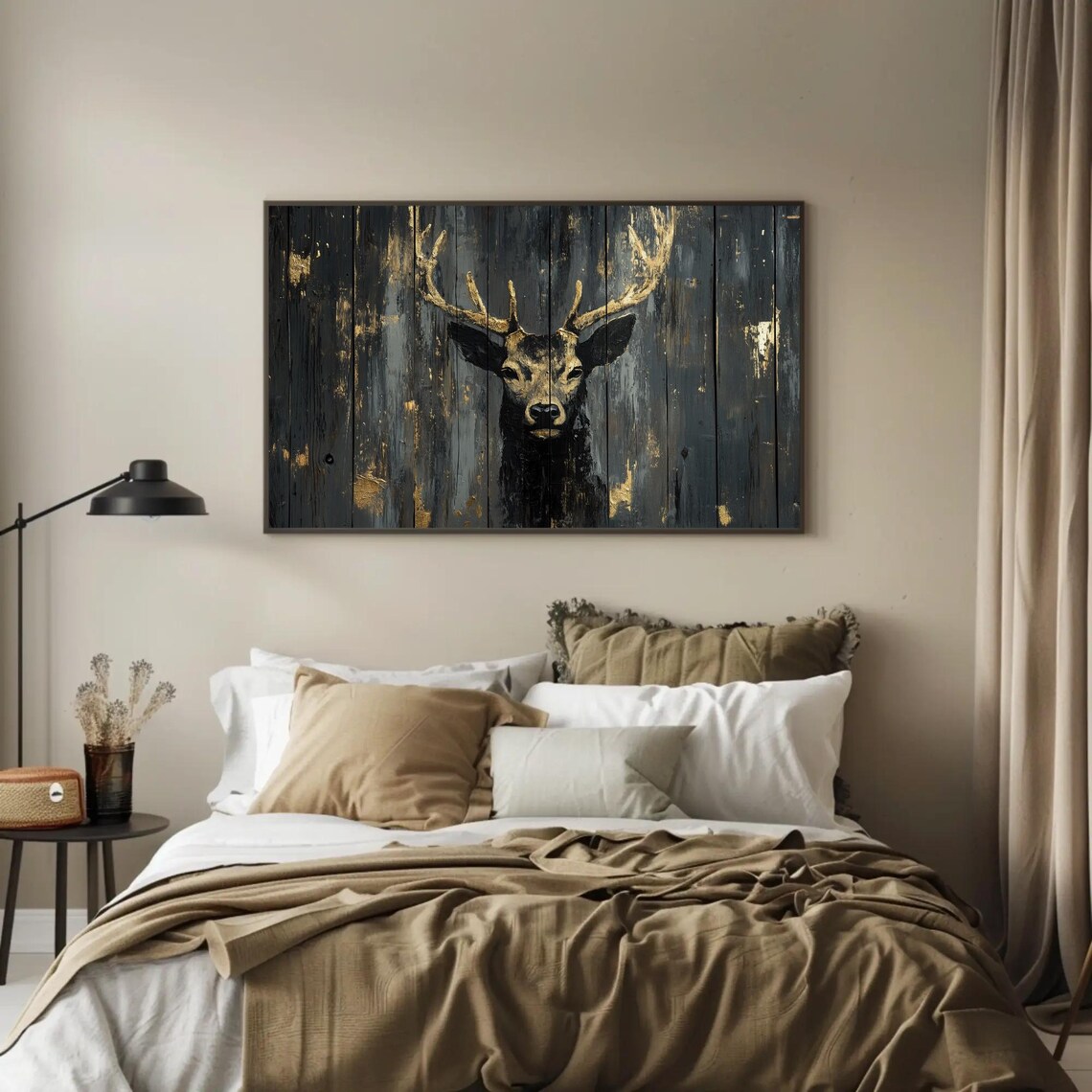 Golden Stag Head On Dark Weathered Wood Planks Wildlife Poster - Image 3