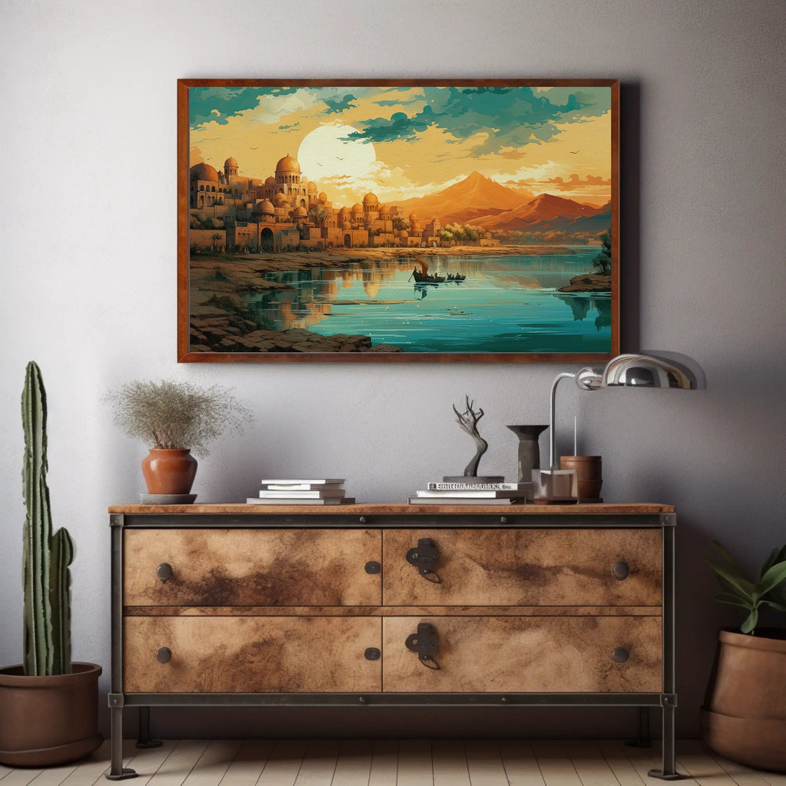 Ancient Domed Indian Riverside City at Sunset Watercolor Poster - Image 2