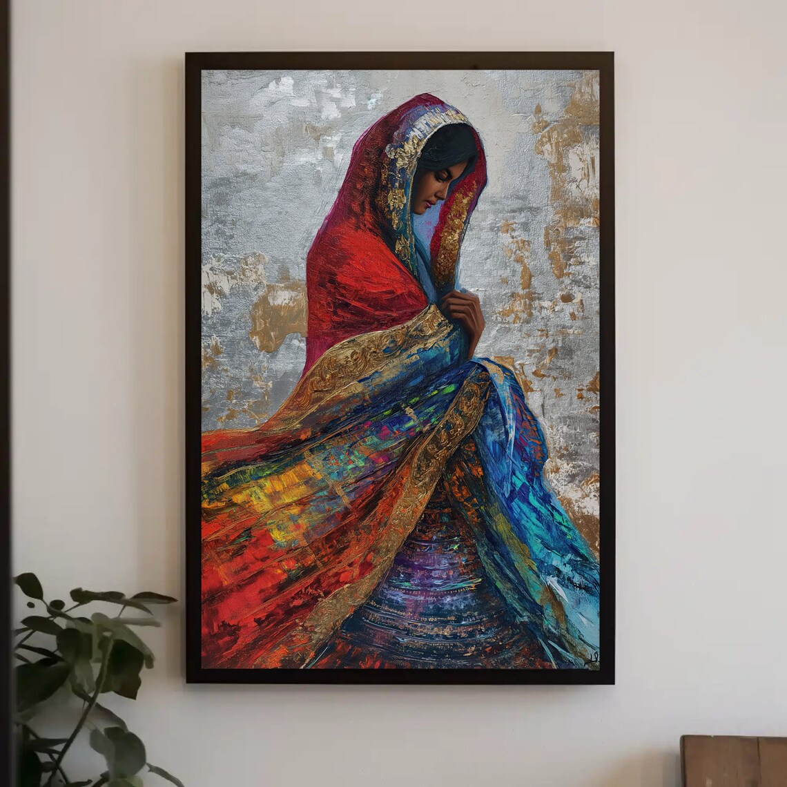 Indian Woman in Red Sari Impasto Painting Ethnic Wall Poster