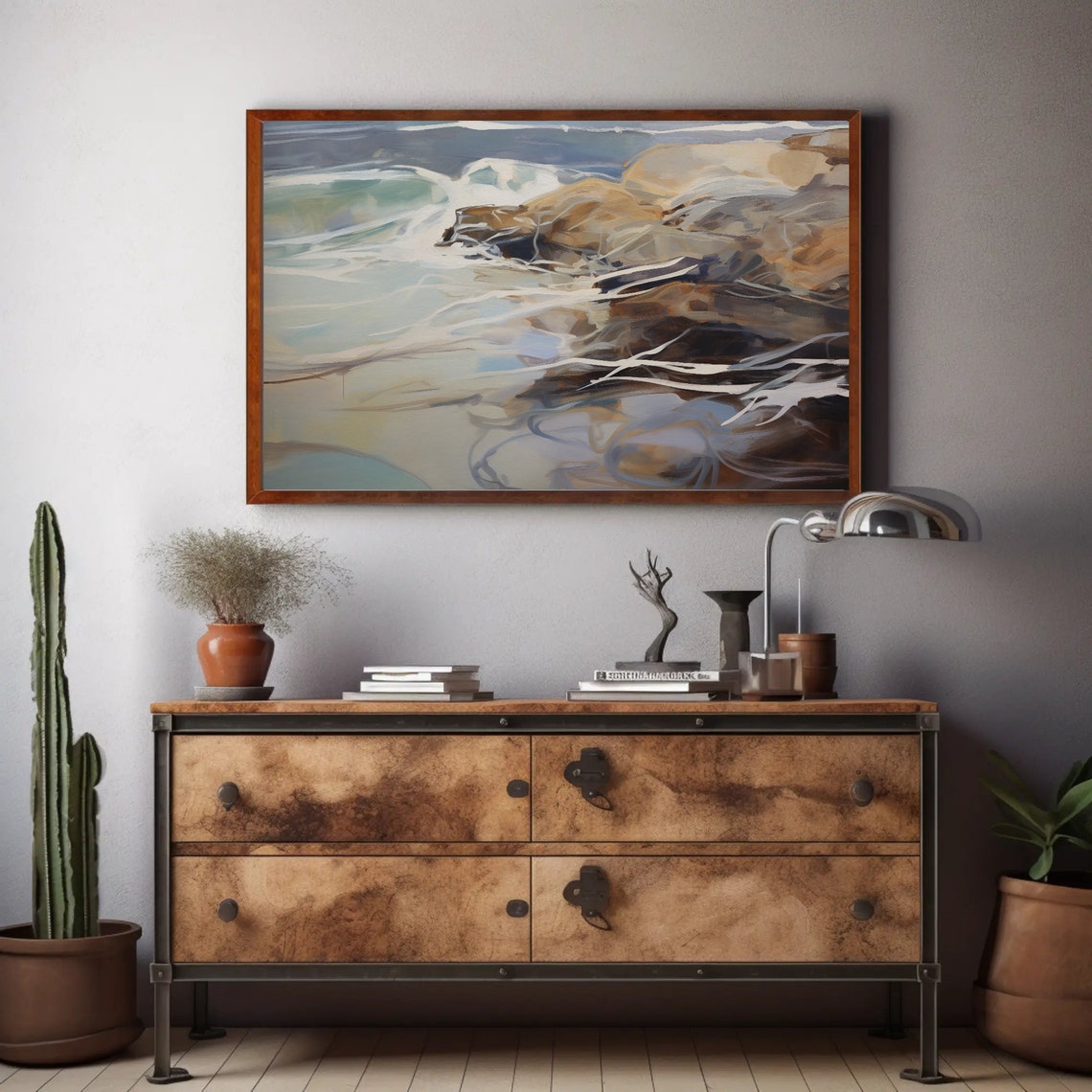 Ocean Waves Crashing Rocky Shore Abstract Coastal Scene Art Print - Image 2