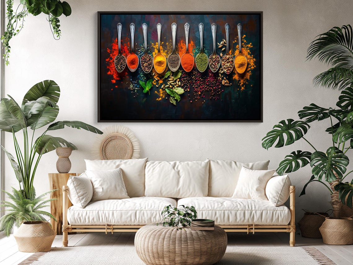 Colorful Spices In A Row Of Silver Spoons Kitchen Art Poster - Image 4
