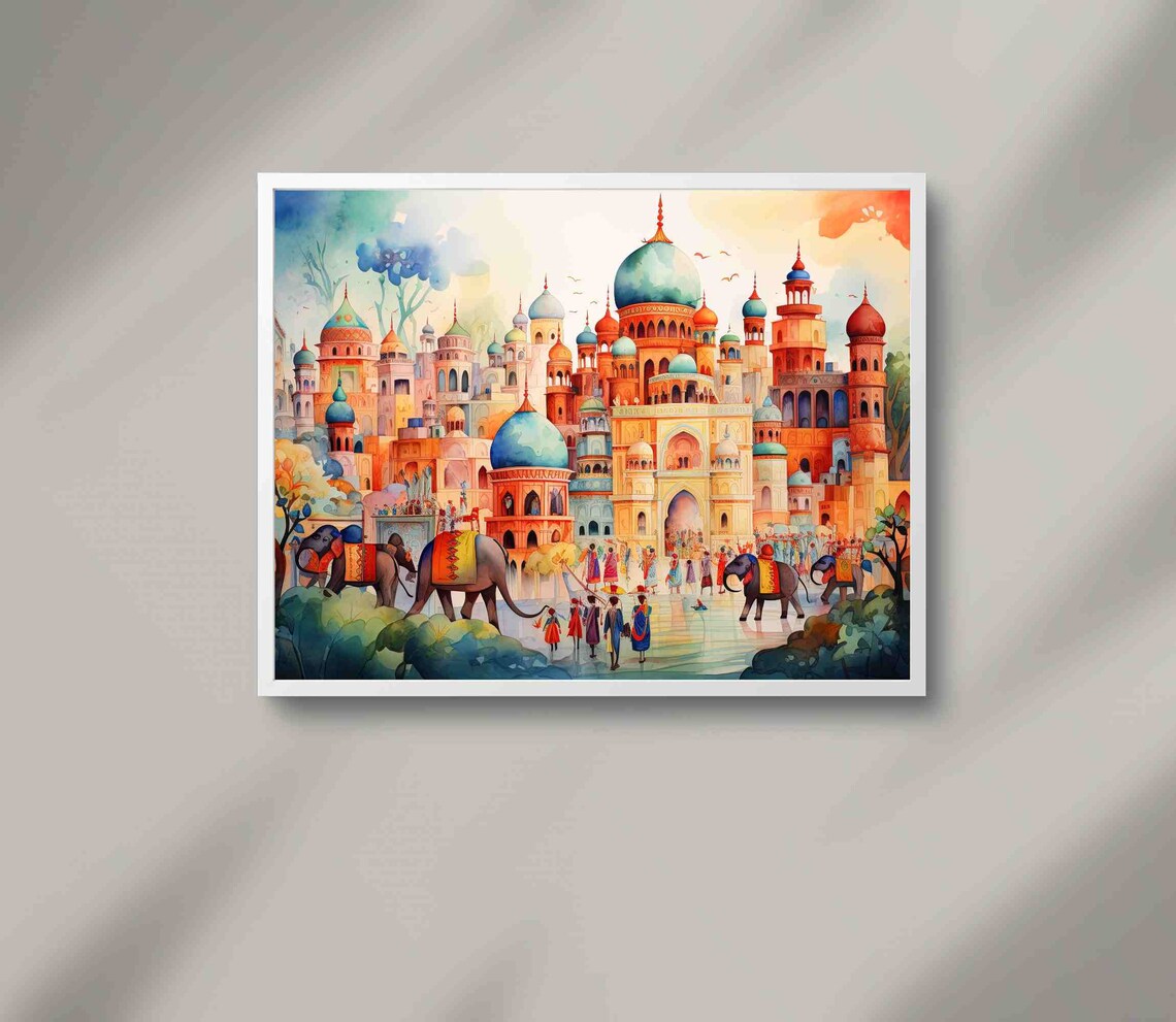 Vibrant India Palace Cityscape With Elephants Watercolor Poster - Image 2