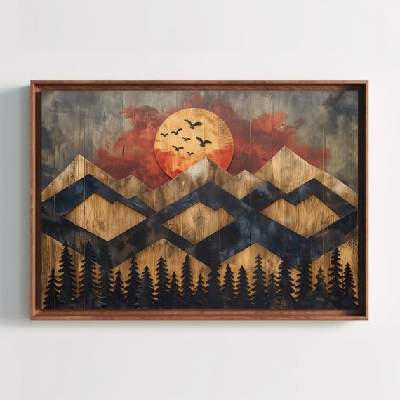 Rustic Sunset Mountain Wooden Effect Print Nature Inspired Wall Art Framed Landscape Decor For Living Room Bedroom Cabin