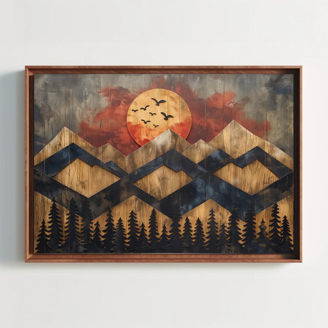 Rustic Sunset Mountain Wooden Effect Print Nature Inspired Wall Art Framed Landscape Decor For Living Room Bedroom Cabin