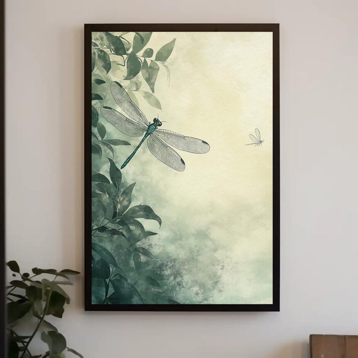 Sage Green Dragonfly Resting Among Soft Watercolor Leaves Poster