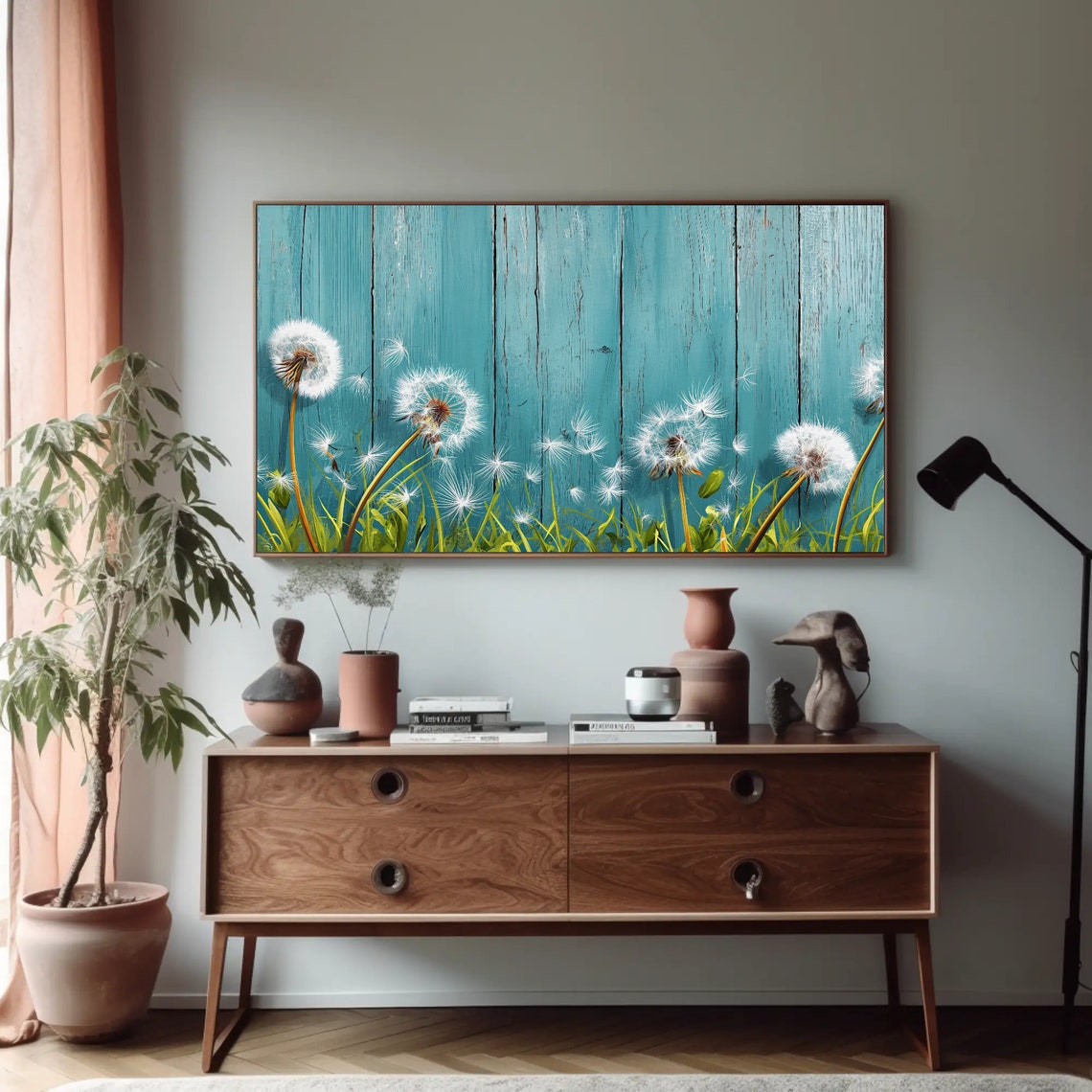 Dandelion Seed Heads Teal Wood Plank Panoramic Botanical Poster - Image 3
