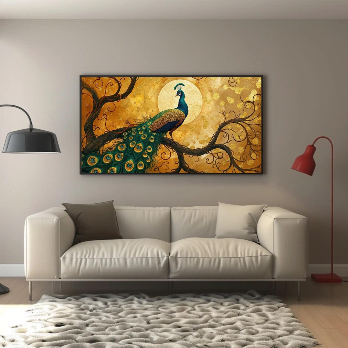 Peacock On Branch Under Golden Moon Ornate Bird Painting Poster