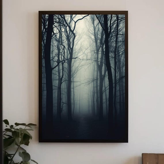 Mysterious Dark Forest Wall Art Large Forest Print Nature Wall Art Foggy Black And White Forest Print Forest Ready To Hang