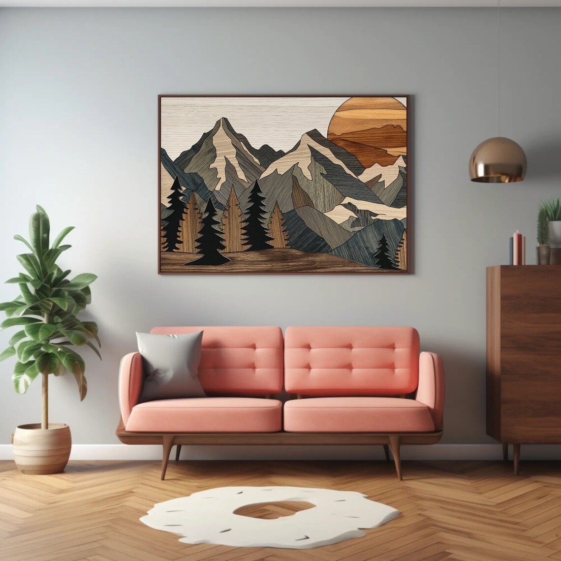 Wood Effect Mountain Wall Art Print, Rustic Decor - Image 3