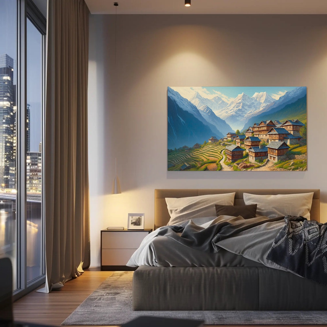 Himalayan Mountain Village Terraced Fields Snow Peaks Painting Poster - Image 3