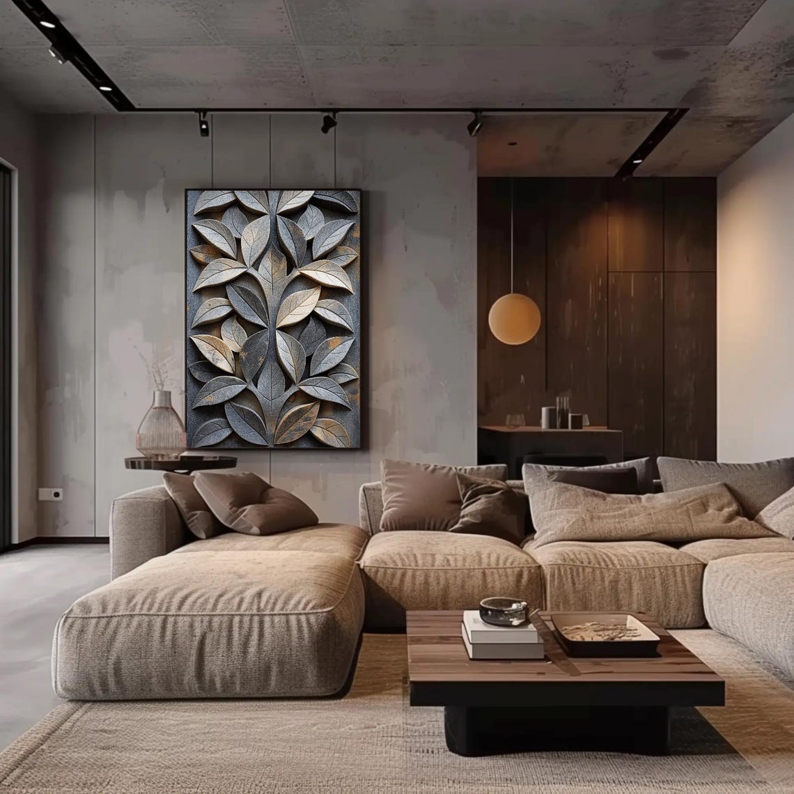 Carved Stone Leaf Relief In Grey And Gold Botanical Wall Art - Image 2