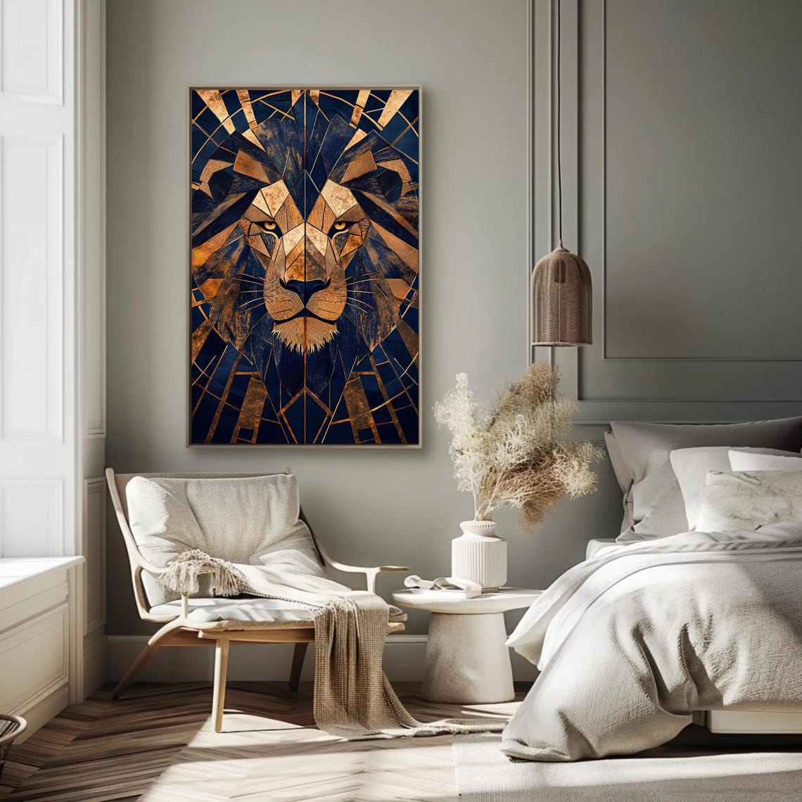 Angular Geometric Lion in Midnight Blue and Antique Gold Poster - Image 3