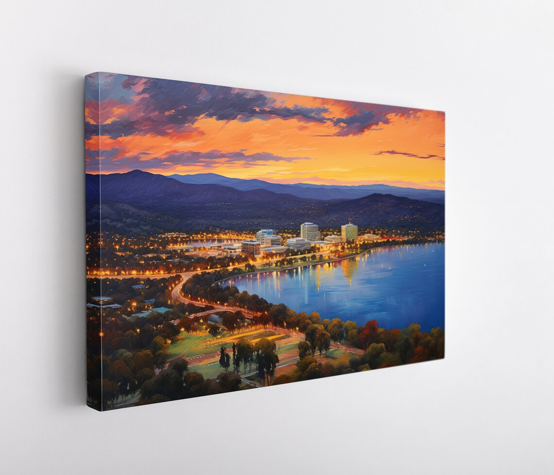 Canberra Australia Lakeside Cityscape at Sunset Oil Art Poster - Image 5