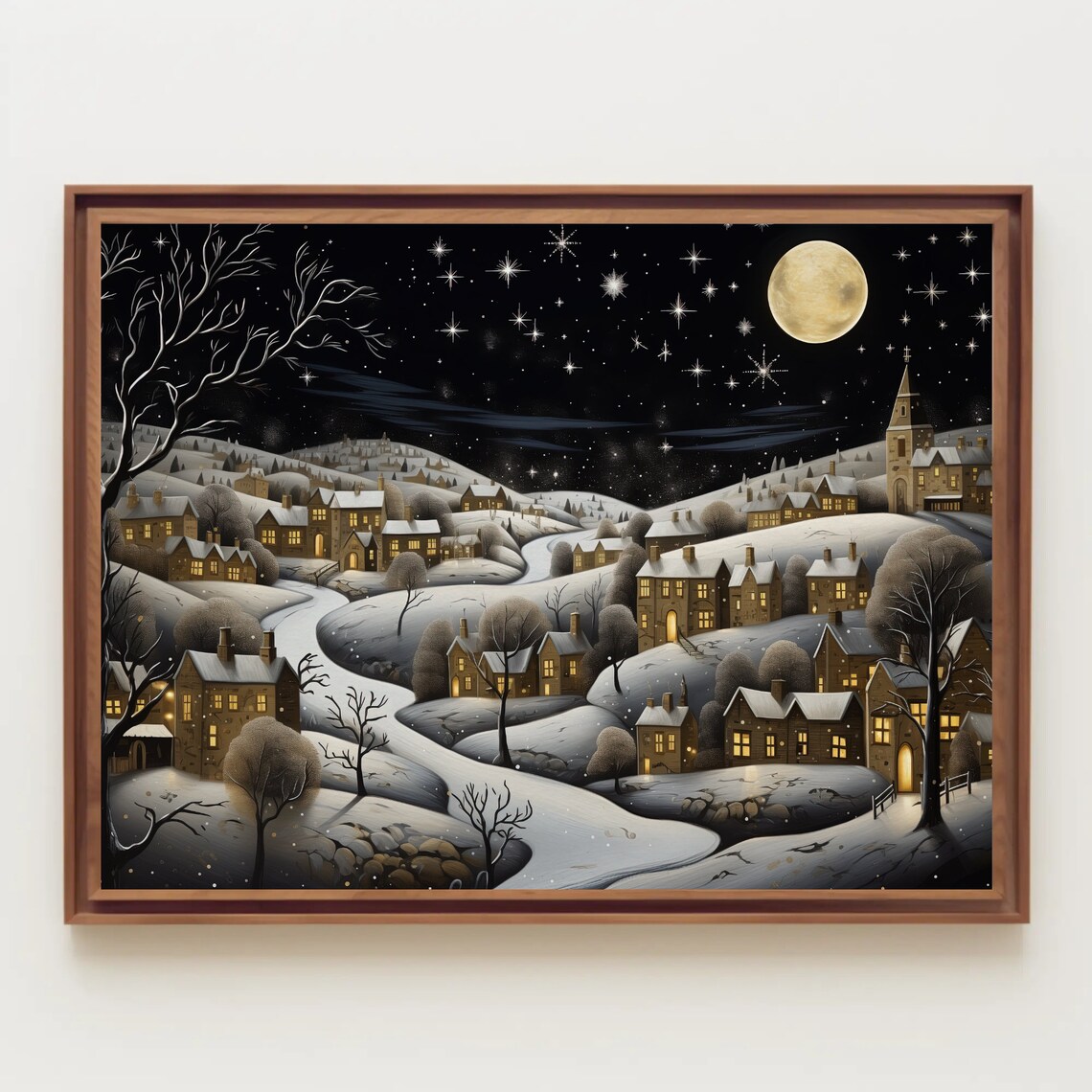 Moonlit Christmas Snow Village Night Scene Holiday Art Poster - Image 5
