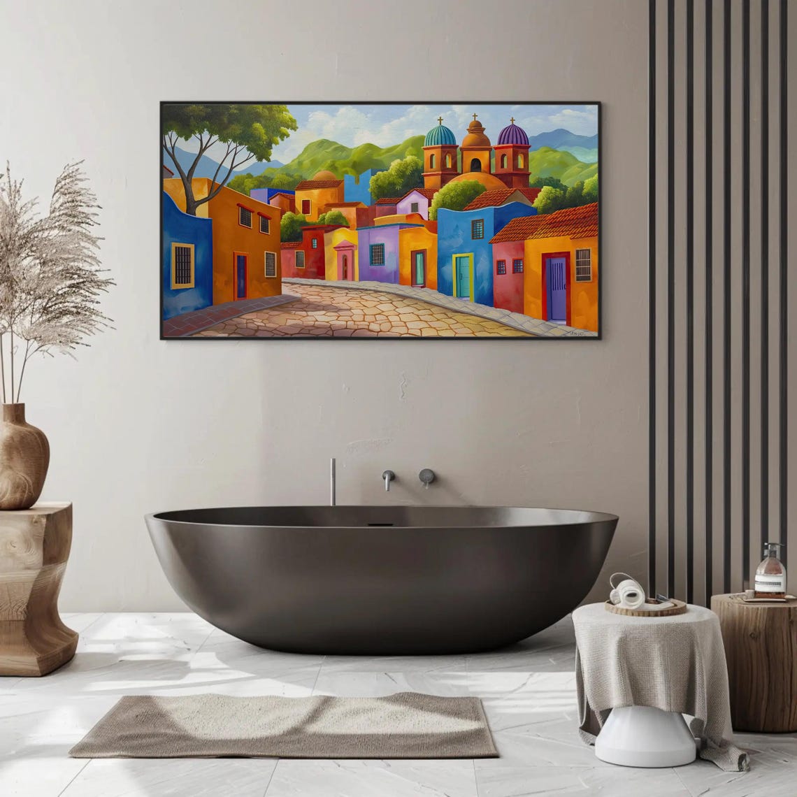 Colorful Mexican Town Street With Twin Church Domes Art Poster - Image 5