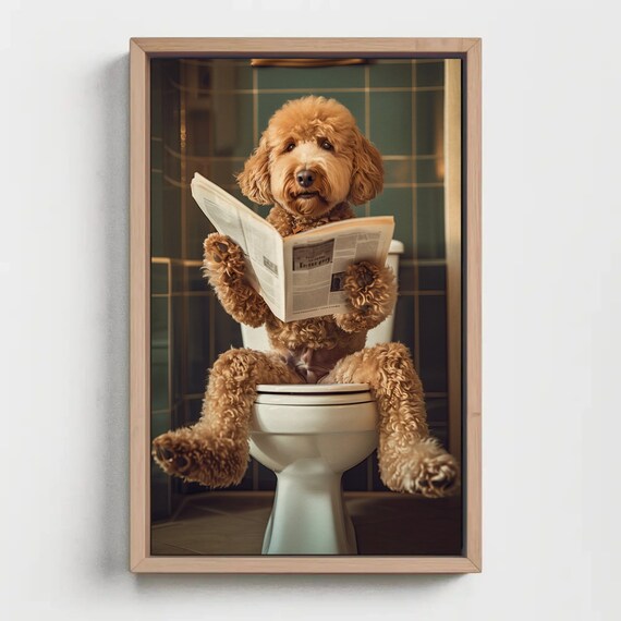 Golden Doodle Sitting On Toilet Reading Newspaper Print Toilet Humor Bathroom Art Anniversary Gift Restroom Decor Funny Gift