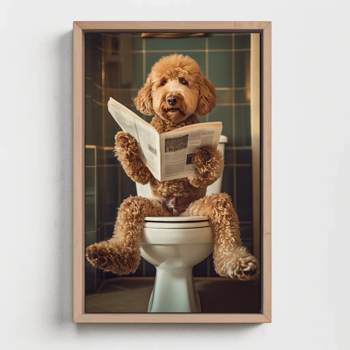Golden Doodle Reading Newspaper on Toilet Funny Bathroom Poster