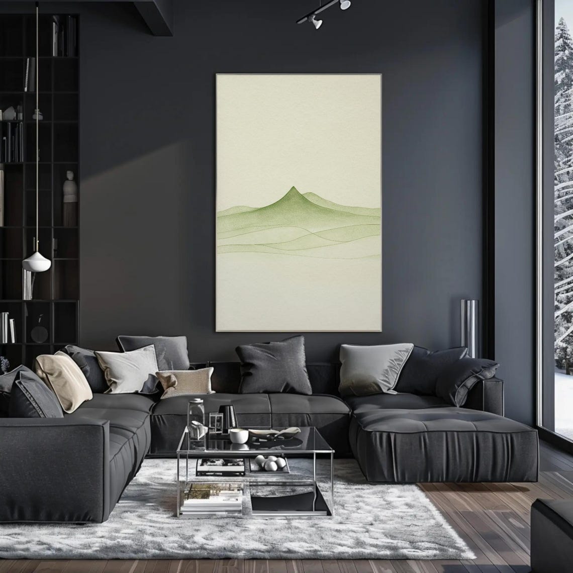 Minimalist Green Mountain Ridges Soft Calm Watercolor Poster - Image 3