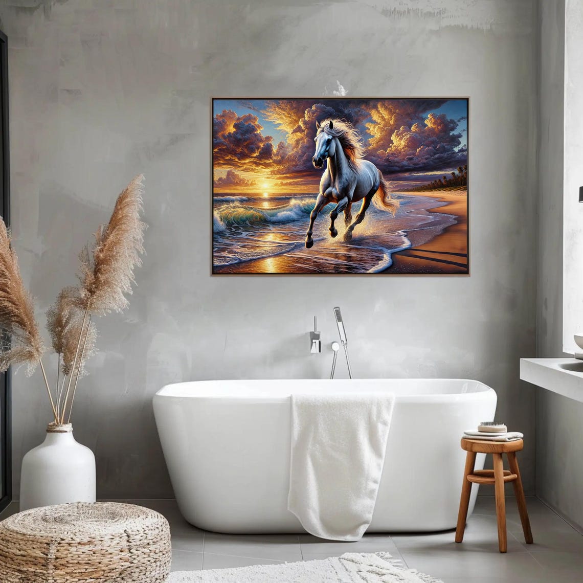 White Horse Galloping Through Beach Surf at Sunset Ocean Art Poster - Image 2